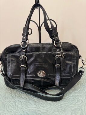 Coach Black Leather Shoulder Satchel with Silver Hardware and Dust Bag